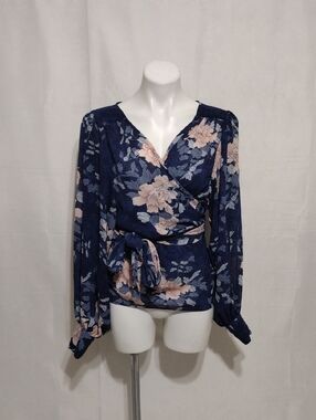 Buffalo Floral Wrap Blouse Large Sheer V-Neck Billowy Long Sleeve Romantic Chic